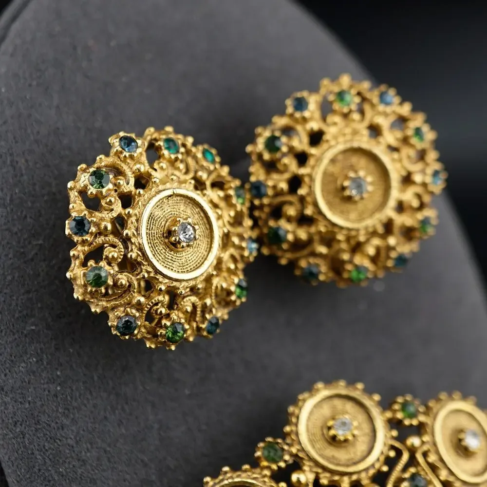 Vintage Florenza Demi Parue Brooch Earrings Green Cabochon Victorian Revival Set